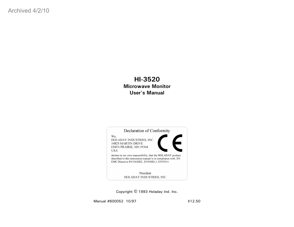 ETS-Lindgren HI-3520 Microwave Monitor (Archived) User Manual | 26 pages