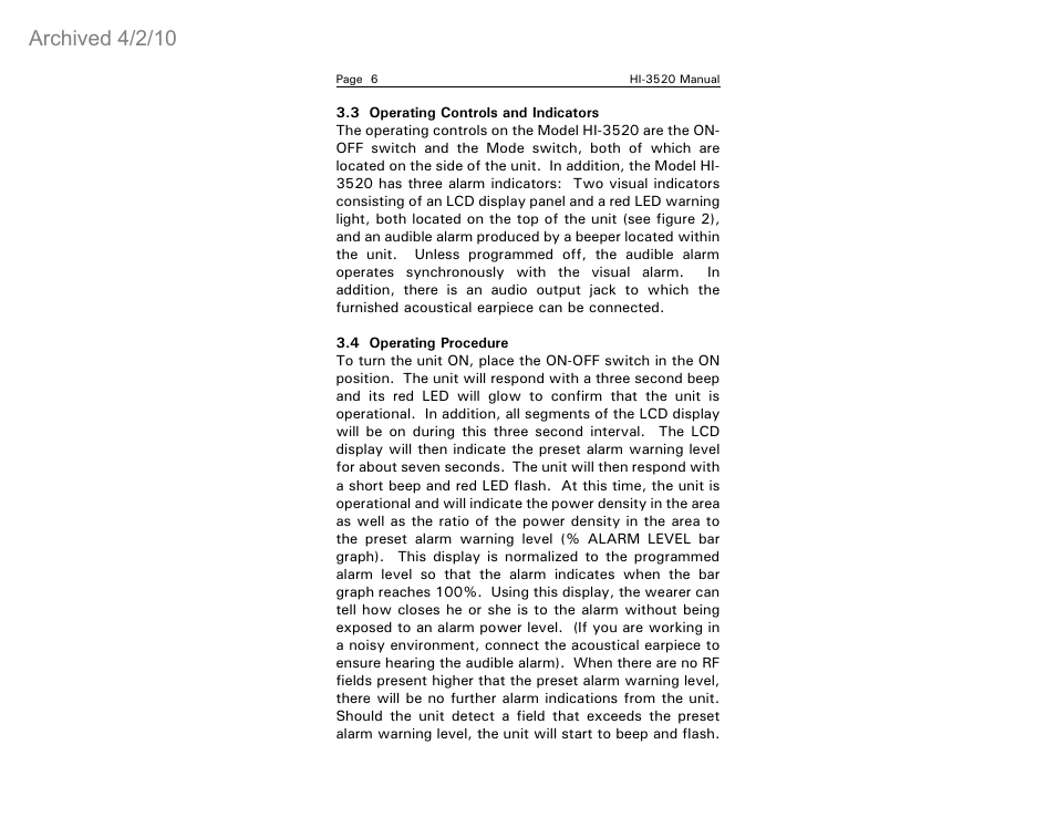 Archived 4/2/10 | ETS-Lindgren HI-3520 Microwave Monitor (Archived) User Manual | Page 10 / 26