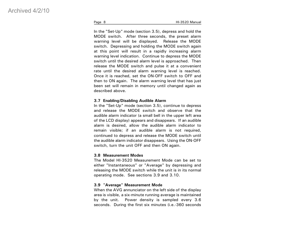 Archived 4/2/10 | ETS-Lindgren HI-3520 Microwave Monitor (Archived) User Manual | Page 12 / 26