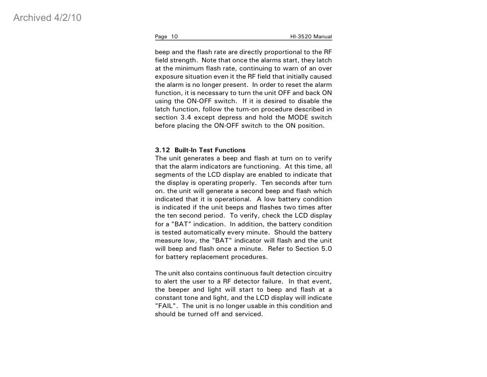 Archived 4/2/10 | ETS-Lindgren HI-3520 Microwave Monitor (Archived) User Manual | Page 14 / 26