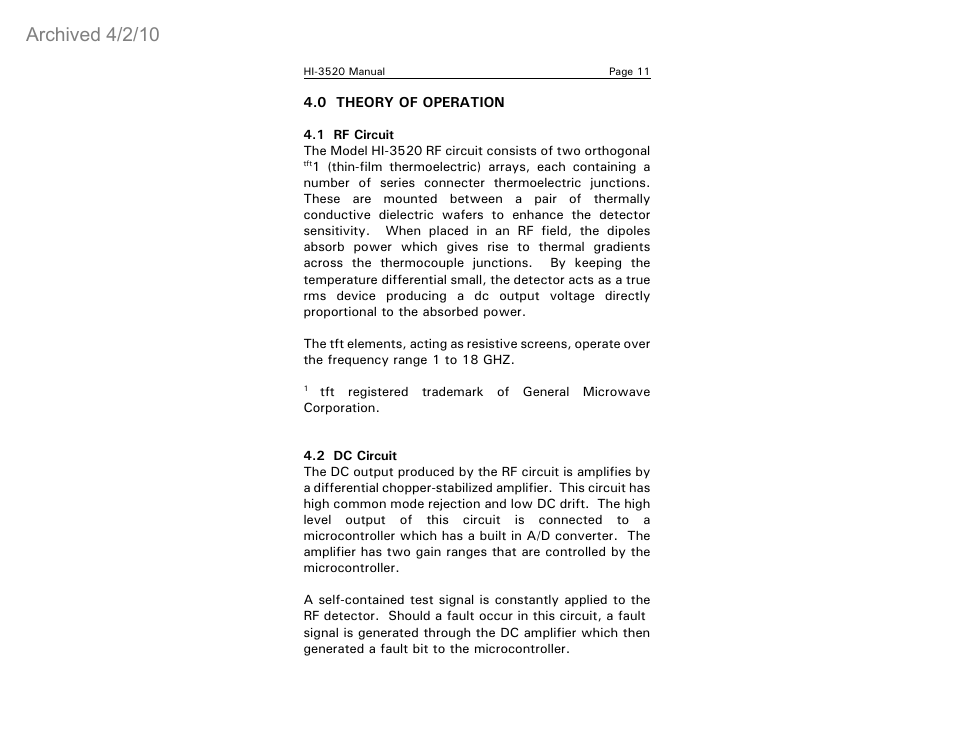 Archived 4/2/10 | ETS-Lindgren HI-3520 Microwave Monitor (Archived) User Manual | Page 15 / 26
