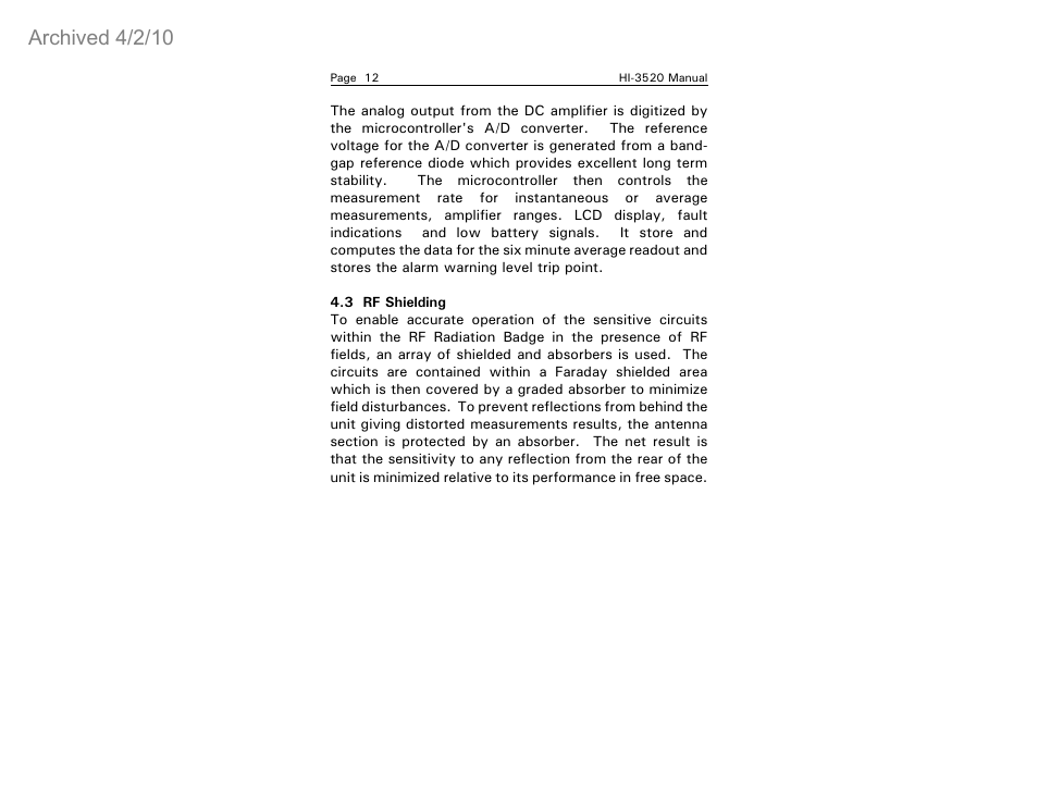 Archived 4/2/10 | ETS-Lindgren HI-3520 Microwave Monitor (Archived) User Manual | Page 16 / 26