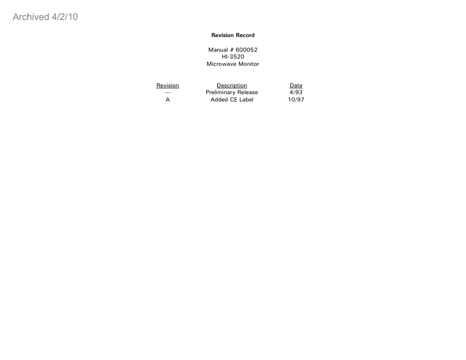 Archived 4/2/10 | ETS-Lindgren HI-3520 Microwave Monitor (Archived) User Manual | Page 2 / 26