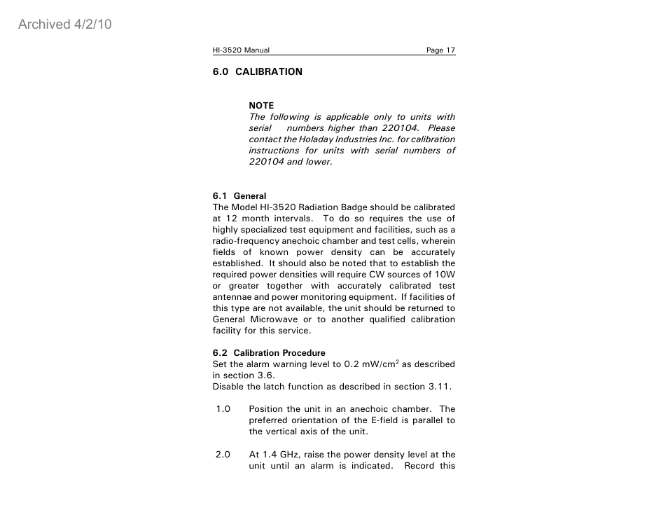 Archived 4/2/10 | ETS-Lindgren HI-3520 Microwave Monitor (Archived) User Manual | Page 21 / 26