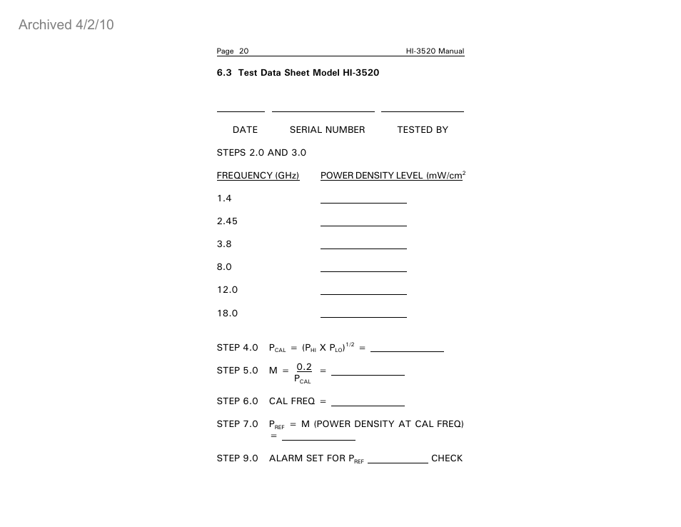 Archived 4/2/10 | ETS-Lindgren HI-3520 Microwave Monitor (Archived) User Manual | Page 24 / 26