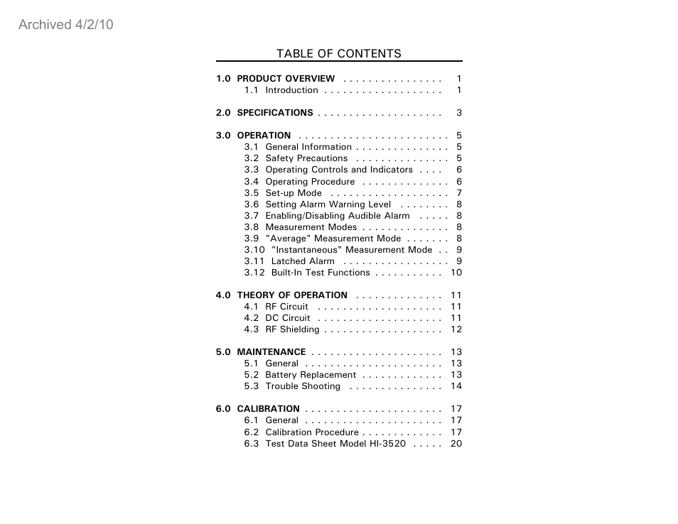 Archived 4/2/10 | ETS-Lindgren HI-3520 Microwave Monitor (Archived) User Manual | Page 3 / 26