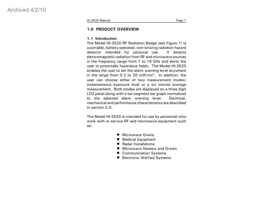 Archived 4/2/10 | ETS-Lindgren HI-3520 Microwave Monitor (Archived) User Manual | Page 5 / 26