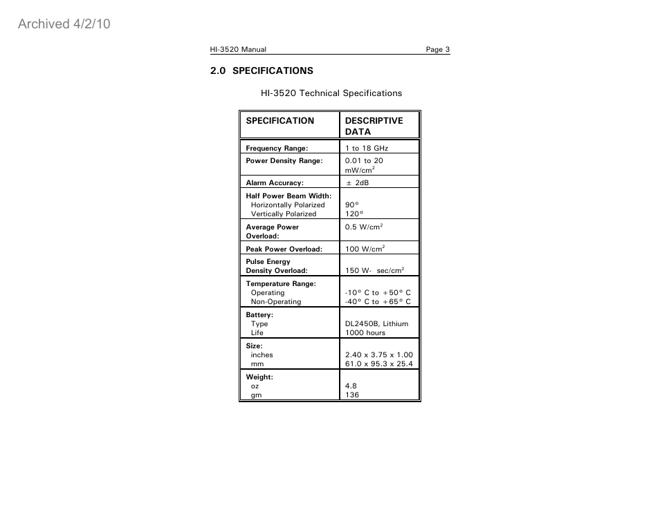 Archived 4/2/10, 0 specifications | ETS-Lindgren HI-3520 Microwave Monitor (Archived) User Manual | Page 7 / 26