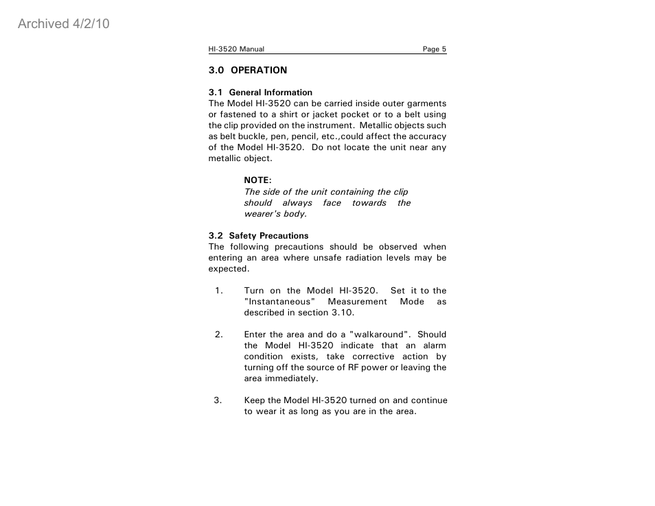 Archived 4/2/10 | ETS-Lindgren HI-3520 Microwave Monitor (Archived) User Manual | Page 9 / 26