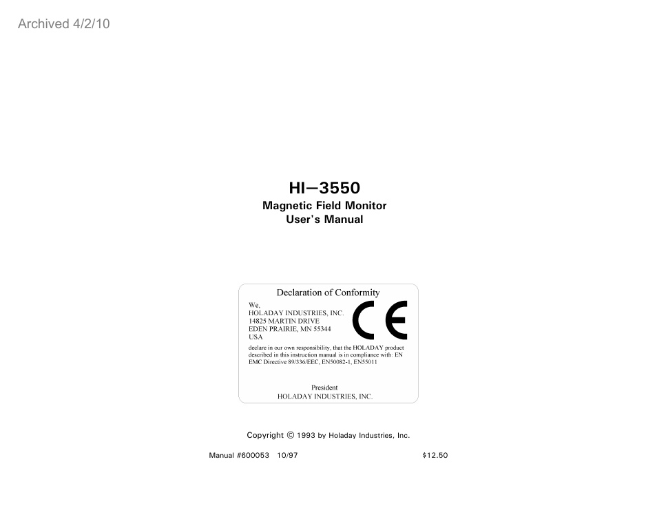 ETS-Lindgren HI-3550 Magnetic Field Monitor (Archived) User Manual | 31 pages