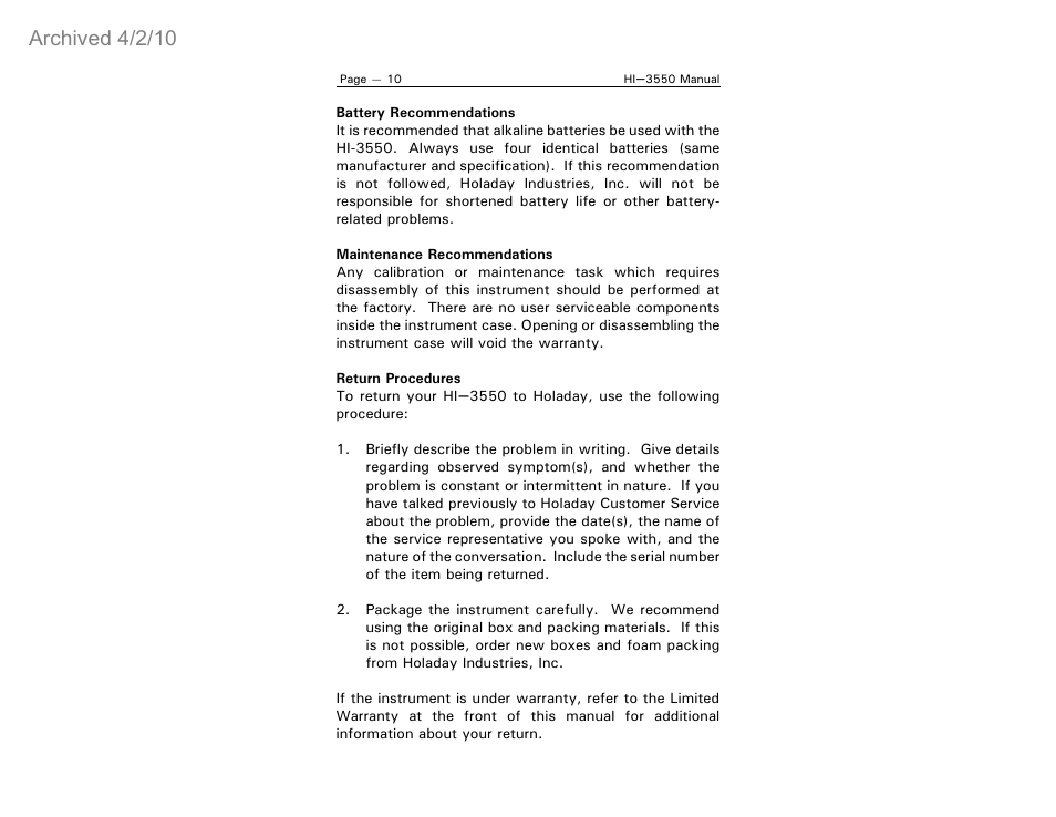 Archived 4/2/10 | ETS-Lindgren HI-3550 Magnetic Field Monitor (Archived) User Manual | Page 15 / 31