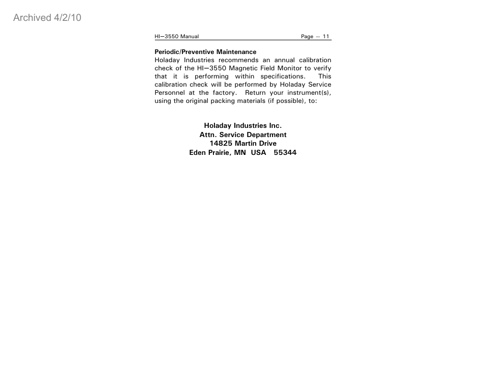 Archived 4/2/10 | ETS-Lindgren HI-3550 Magnetic Field Monitor (Archived) User Manual | Page 16 / 31