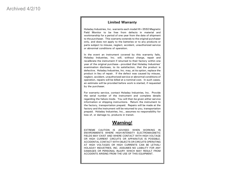 Warning, Archived 4/2/10 | ETS-Lindgren HI-3550 Magnetic Field Monitor (Archived) User Manual | Page 5 / 31