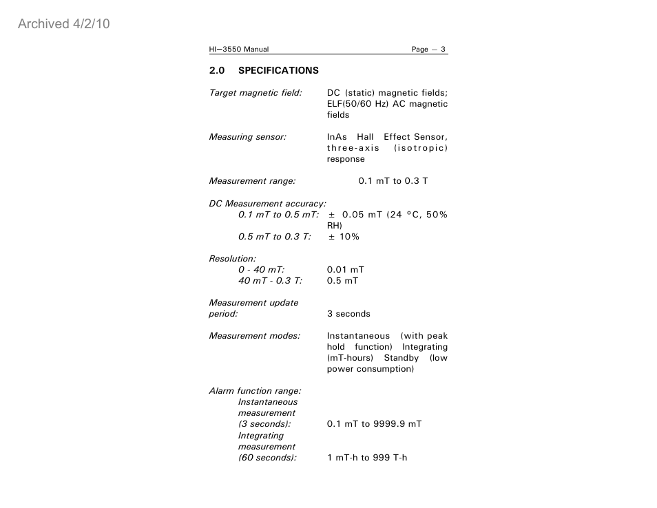 Archived 4/2/10 | ETS-Lindgren HI-3550 Magnetic Field Monitor (Archived) User Manual | Page 8 / 31