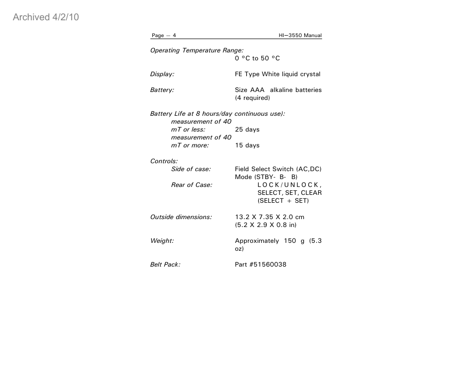 Archived 4/2/10 | ETS-Lindgren HI-3550 Magnetic Field Monitor (Archived) User Manual | Page 9 / 31