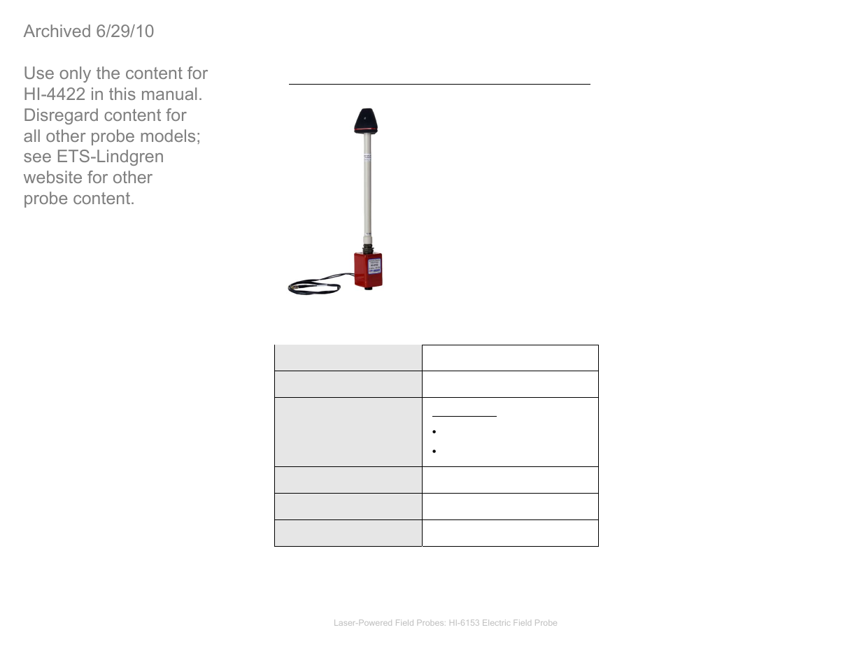 Hi6153 specifications, Hi-6153 electric field probe, Hi-6153 specifications | ETS-Lindgren HI-4422 Field Probe (Archived) User Manual | Page 32 / 158