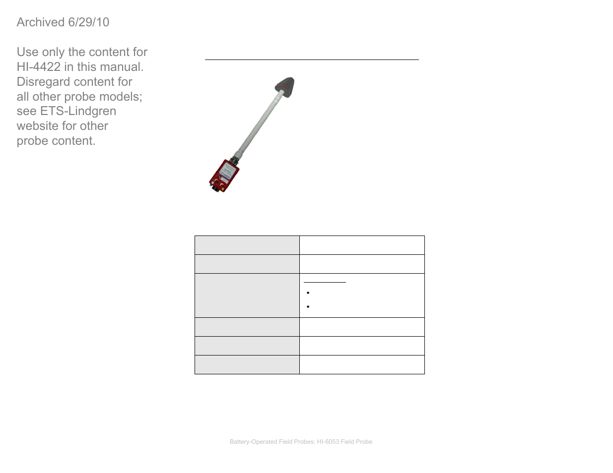 Hi6053 specifications, Hi-6053 field probe, Hi-6053 specifications | ETS-Lindgren HI-4422 Field Probe (Archived) User Manual | Page 49 / 158