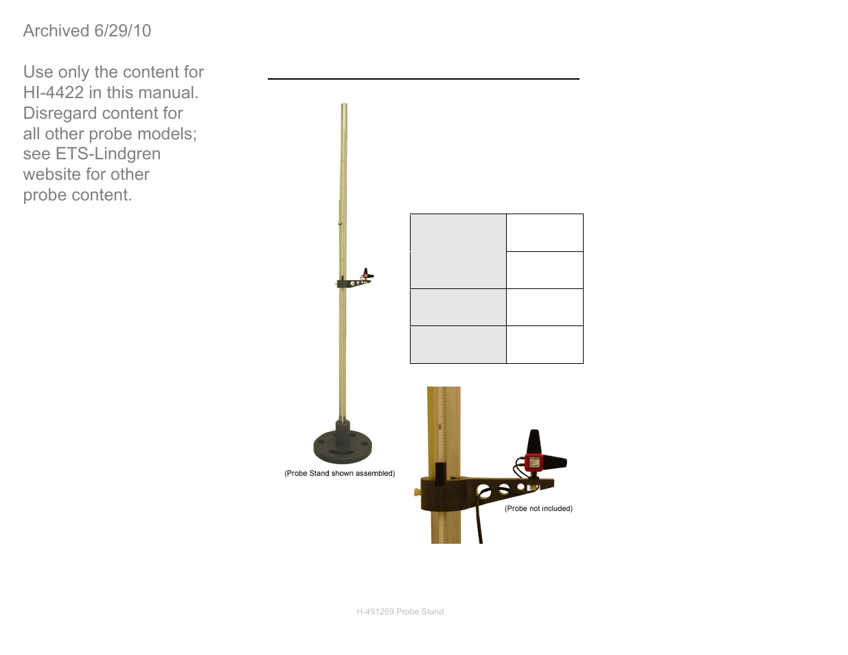 0 h491269 probe stand, Probe stand dimensions, 0 h-491269 probe stand | ETS-Lindgren HI-4422 Field Probe (Archived) User Manual | Page 71 / 158