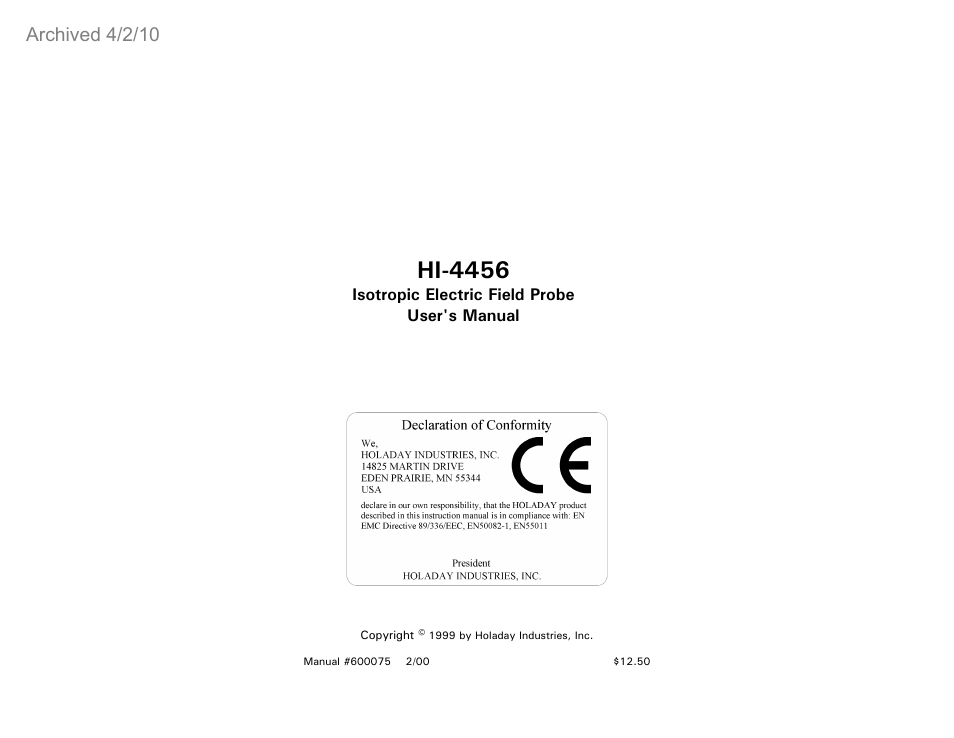 ETS-Lindgren HI-4456 Isotropic Electric Field Probe (Archived) User Manual | 35 pages