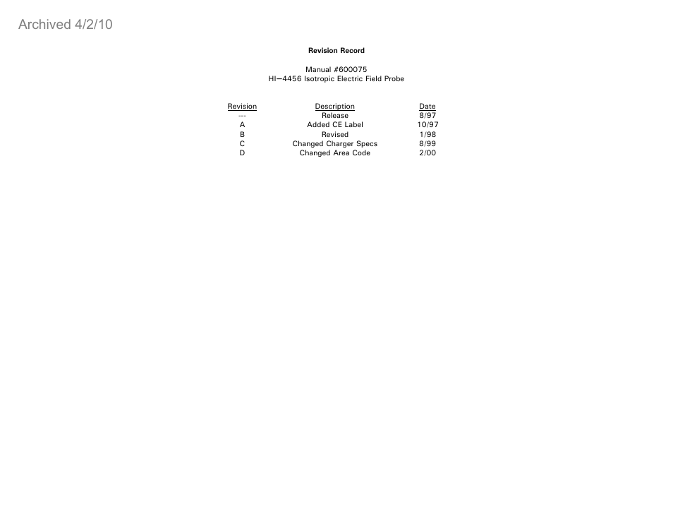 Archived 4/2/10 | ETS-Lindgren HI-4456 Isotropic Electric Field Probe (Archived) User Manual | Page 2 / 35