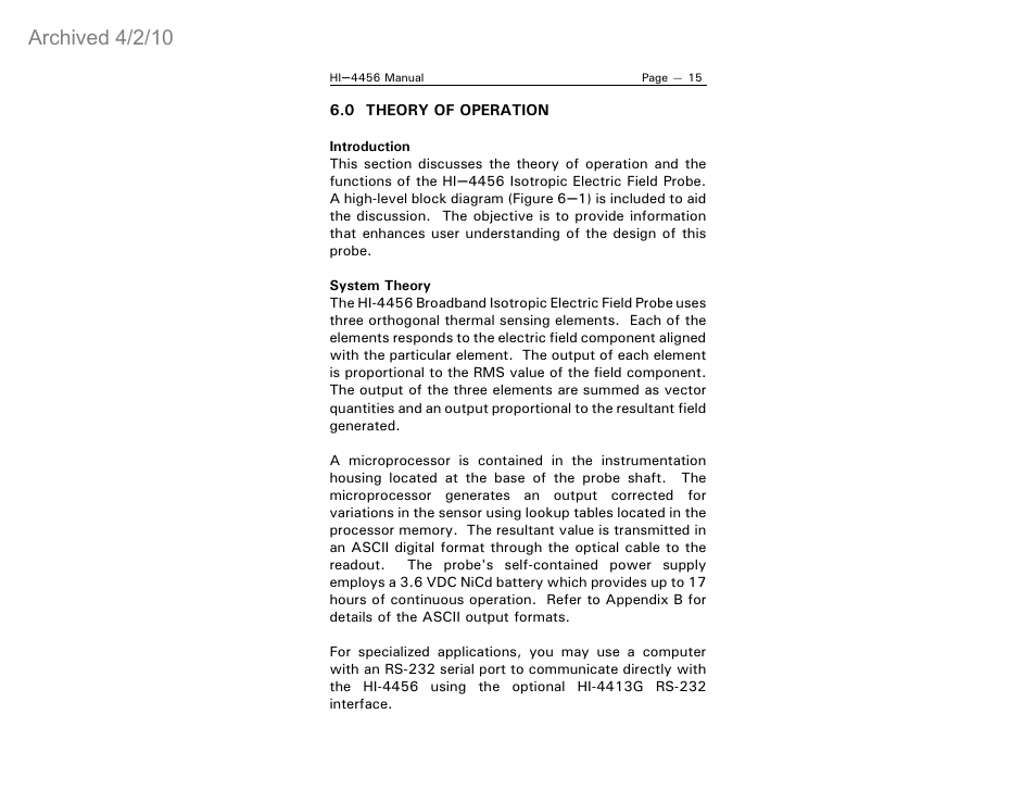 Archived 4/2/10 | ETS-Lindgren HI-4456 Isotropic Electric Field Probe (Archived) User Manual | Page 20 / 35