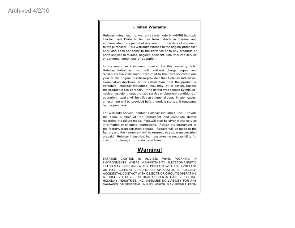 Warning, Archived 4/2/10 | ETS-Lindgren HI-4456 Isotropic Electric Field Probe (Archived) User Manual | Page 5 / 35