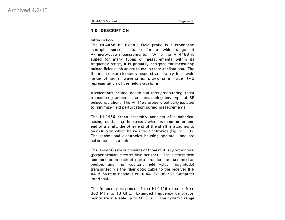Archived 4/2/10 | ETS-Lindgren HI-4456 Isotropic Electric Field Probe (Archived) User Manual | Page 6 / 35
