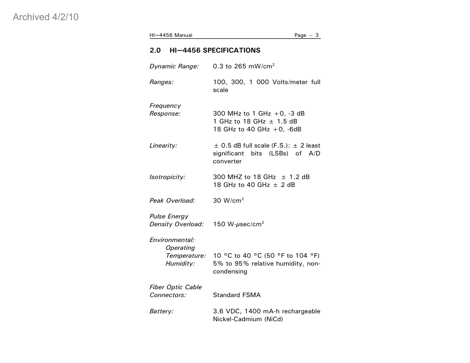 Archived 4/2/10 | ETS-Lindgren HI-4456 Isotropic Electric Field Probe (Archived) User Manual | Page 8 / 35