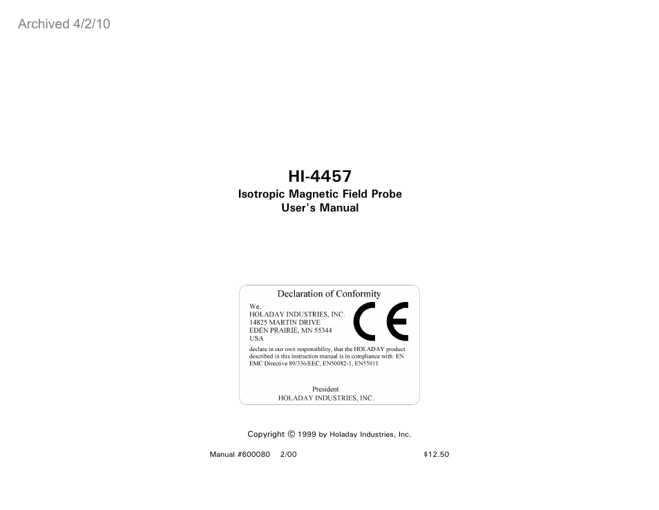 ETS-Lindgren HI-4457 Isotropic Magnetic Field Probe (Archived) User Manual | 36 pages
