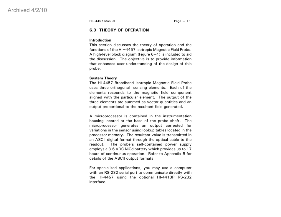Archived 4/2/10 | ETS-Lindgren HI-4457 Isotropic Magnetic Field Probe (Archived) User Manual | Page 20 / 36
