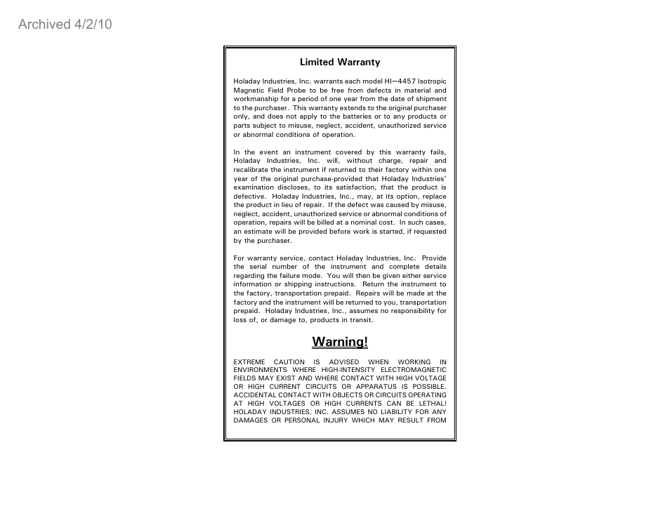 Warning, Archived 4/2/10 | ETS-Lindgren HI-4457 Isotropic Magnetic Field Probe (Archived) User Manual | Page 5 / 36