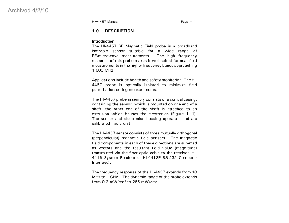 Archived 4/2/10 | ETS-Lindgren HI-4457 Isotropic Magnetic Field Probe (Archived) User Manual | Page 6 / 36