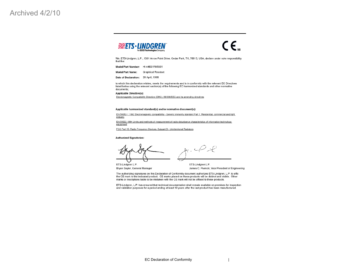 Archived 4/2/10 | ETS-Lindgren HI-4460 Graphical Readout (Archived) User Manual | Page 77 / 77