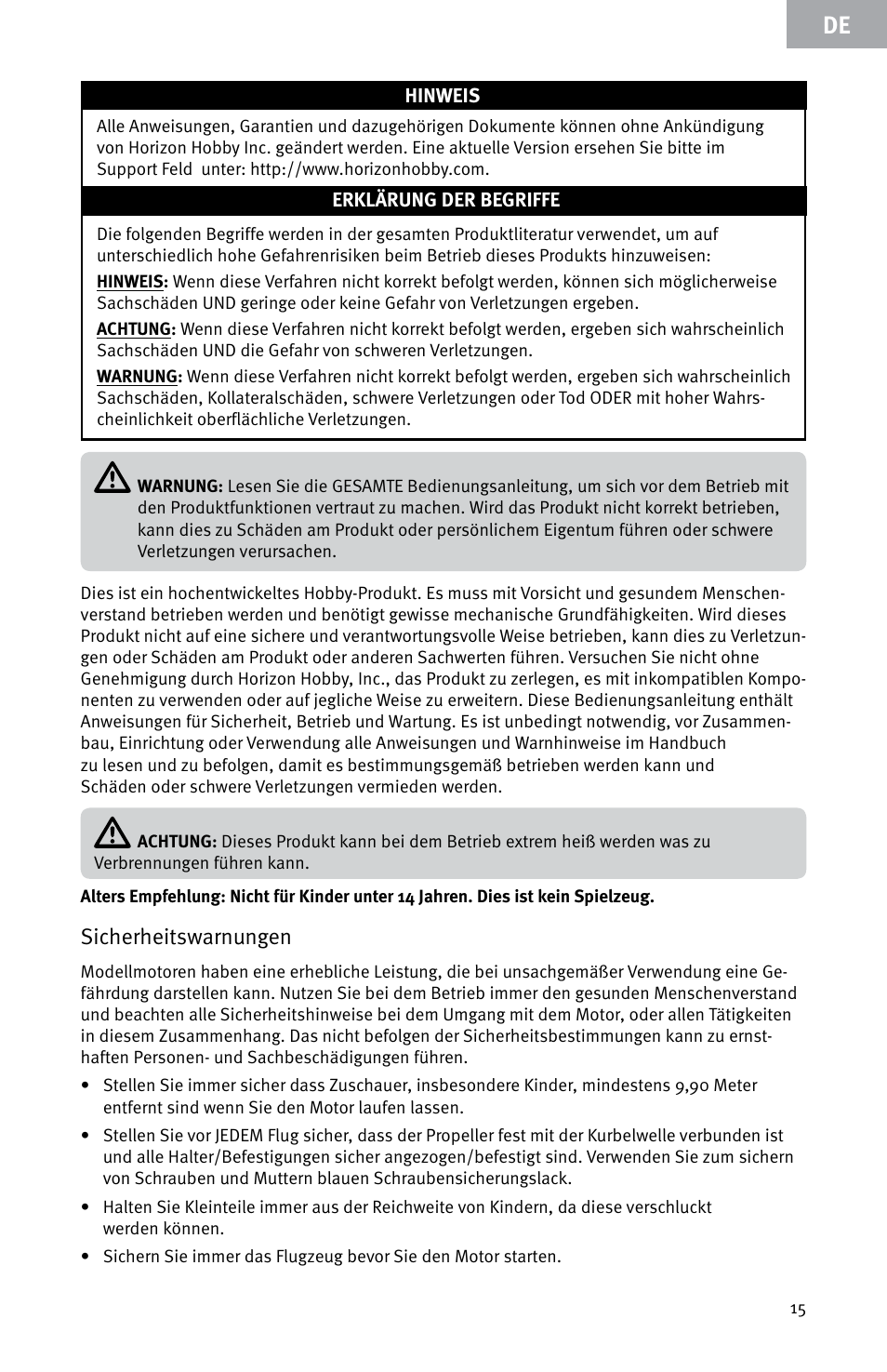 Sicherheitswarnungen | Evolution Engines E7260 User Manual | Page 15 / 56