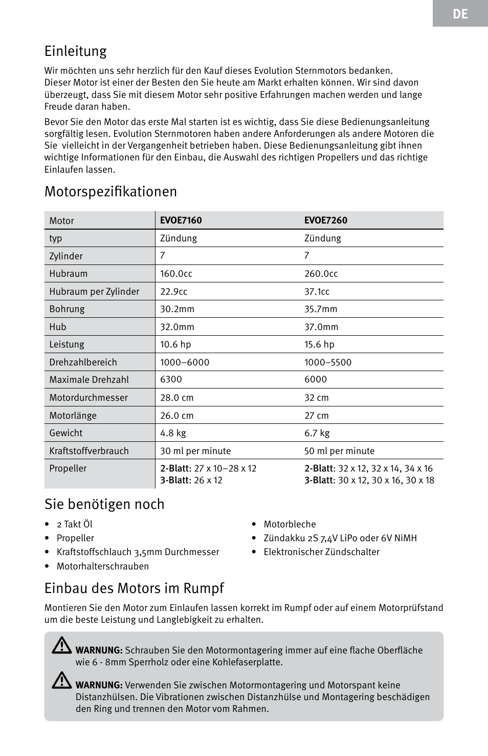 Einleitung, Motorspezifikationen, Sie benötigen noch | Einbau des motors im rumpf | Evolution Engines E7260 User Manual | Page 17 / 56