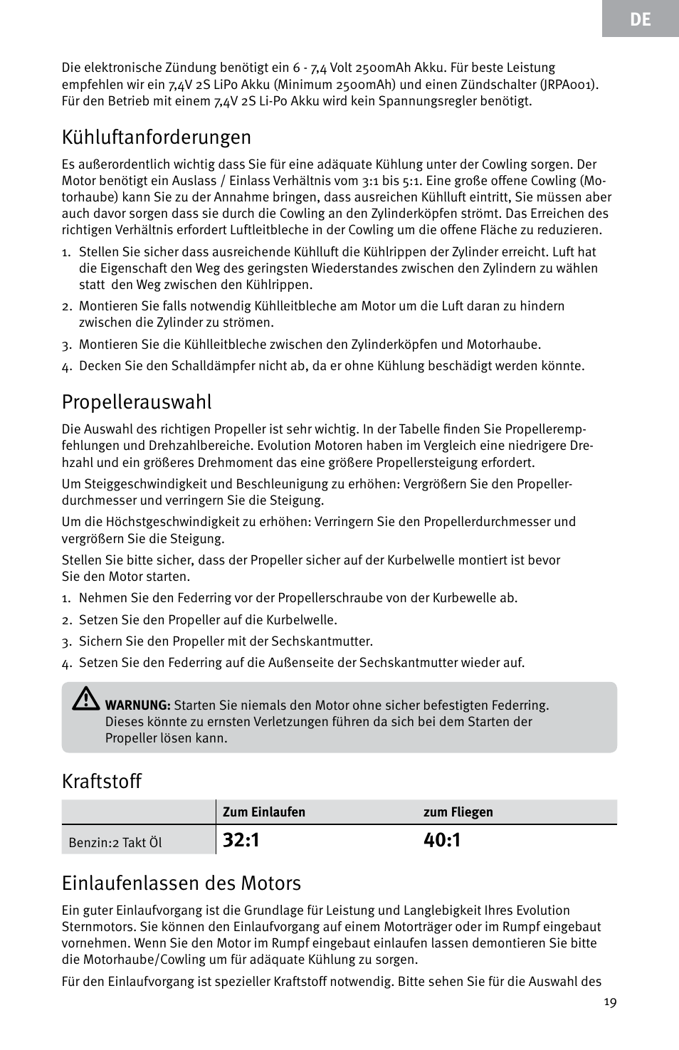 Kühluftanforderungen, Propellerauswahl, Kraftstoff | 1 40:1 einlaufenlassen des motors | Evolution Engines E7260 User Manual | Page 19 / 56