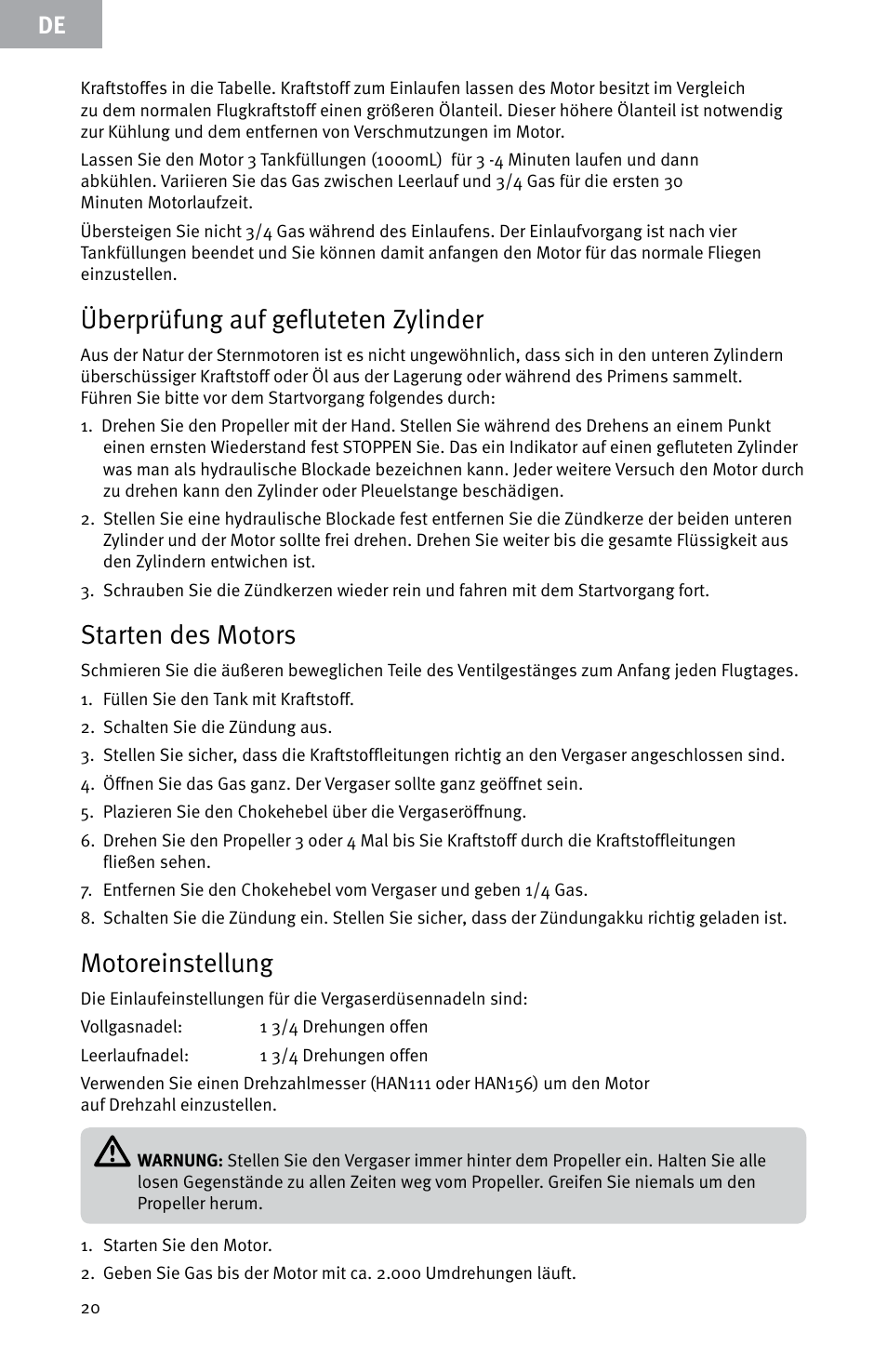Überprüfung auf gefluteten zylinder, Starten des motors, Motoreinstellung | Evolution Engines E7260 User Manual | Page 20 / 56