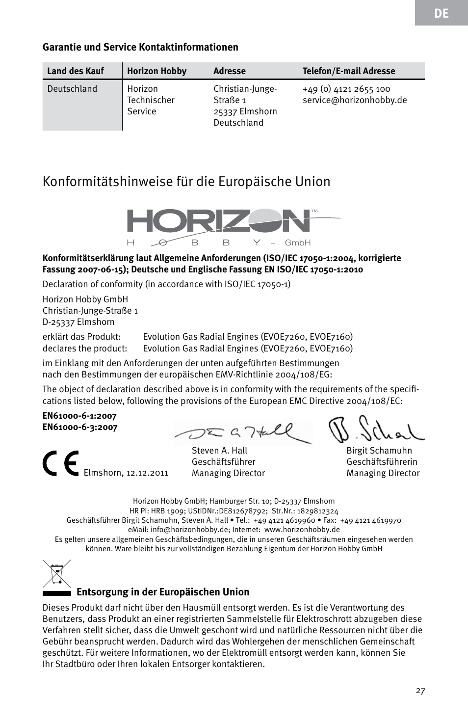 Konformitätshinweise für die europäische union | Evolution Engines E7260 User Manual | Page 27 / 56