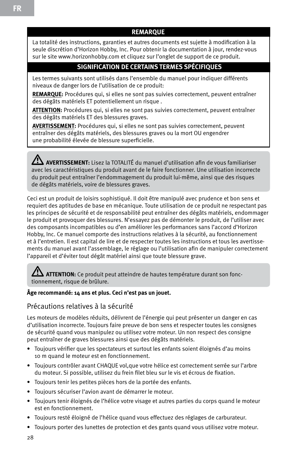 Précautions relatives à la sécurité | Evolution Engines E7260 User Manual | Page 28 / 56
