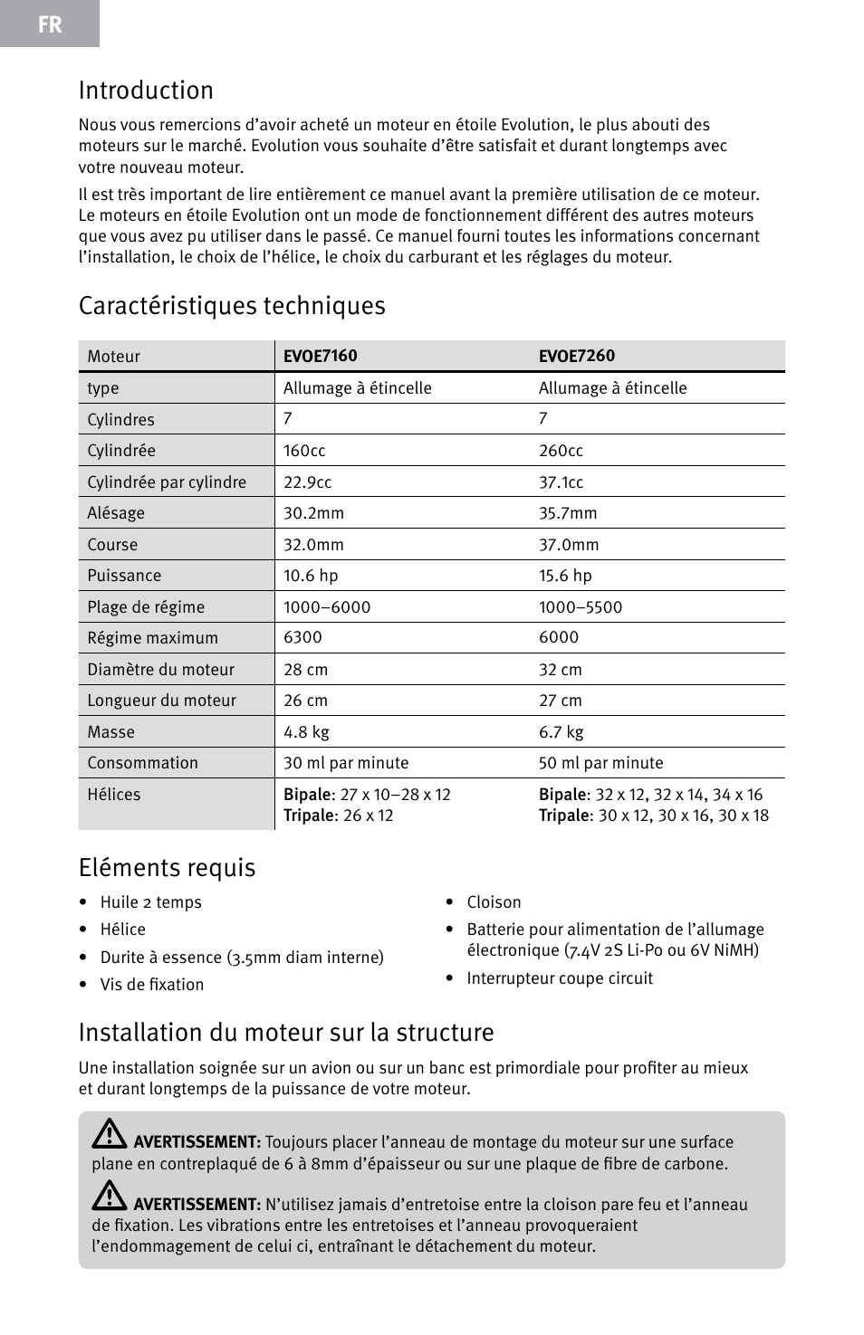 Introduction, Caractéristiques techniques, Eléments requis | Installation du moteur sur la structure | Evolution Engines E7260 User Manual | Page 30 / 56