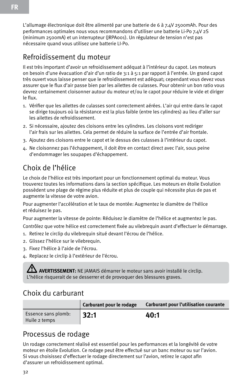 Refroidissement du moteur, Choix de l’hélice, Choix du carburant | 1 40:1 processus de rodage | Evolution Engines E7260 User Manual | Page 32 / 56