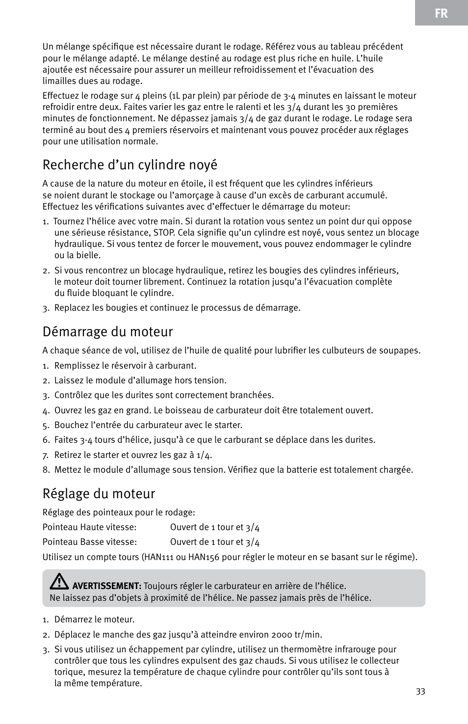 Recherche d’un cylindre noyé, Démarrage du moteur, Réglage du moteur | Evolution Engines E7260 User Manual | Page 33 / 56