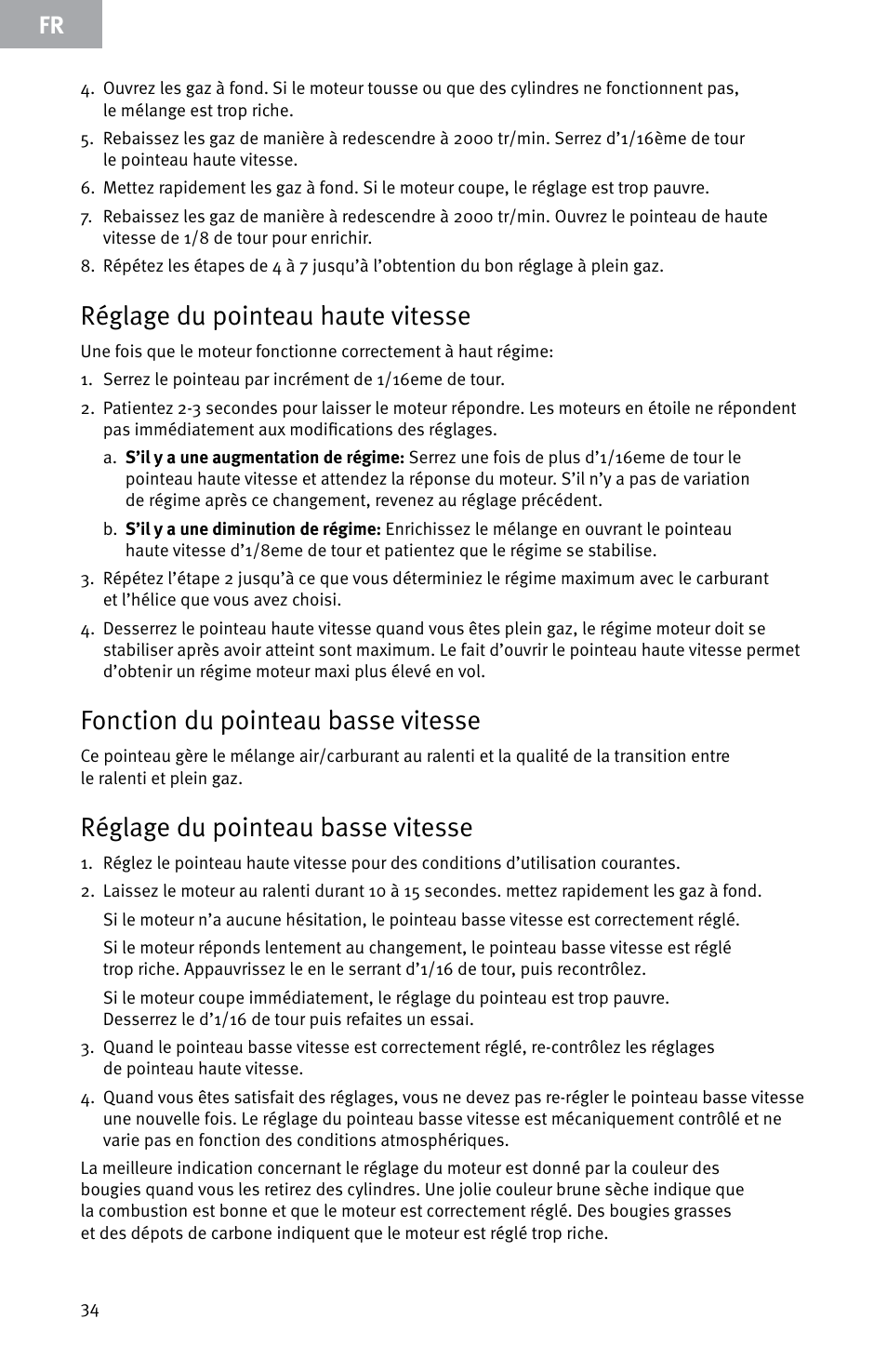 Réglage du pointeau haute vitesse, Fonction du pointeau basse vitesse, Réglage du pointeau basse vitesse | Evolution Engines E7260 User Manual | Page 34 / 56
