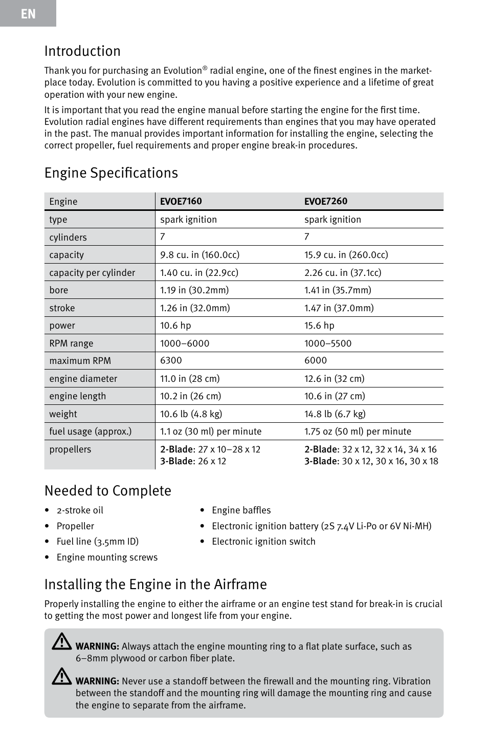 Introduction, Engine specifications, Needed to complete | Installing the engine in the airframe | Evolution Engines E7260 User Manual | Page 4 / 56