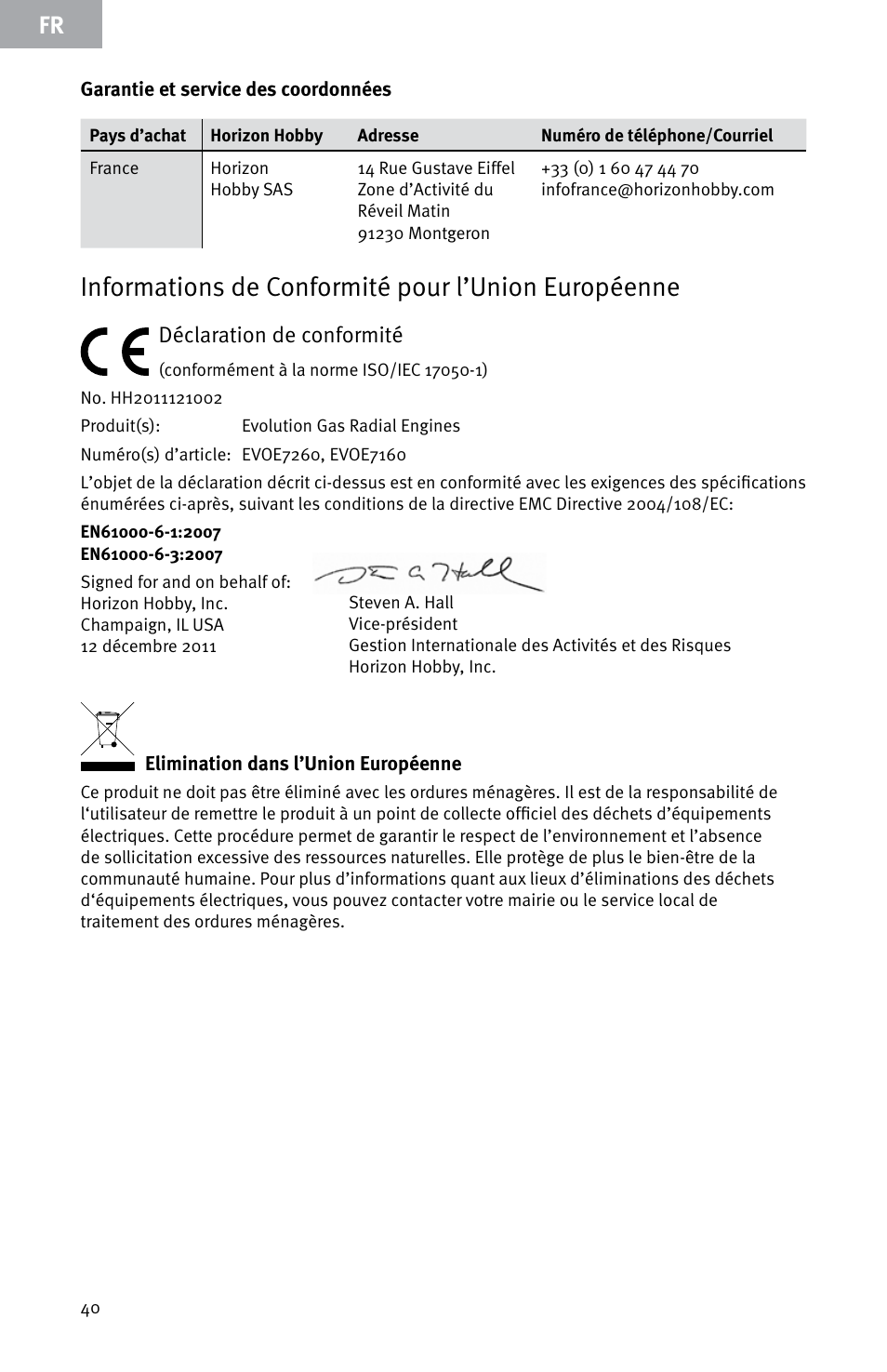 Informations de conformité pour l’union européenne, Déclaration de conformité | Evolution Engines E7260 User Manual | Page 40 / 56