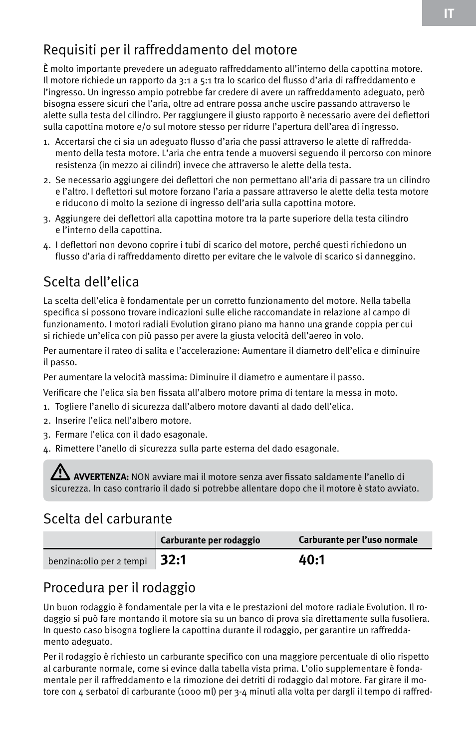Requisiti per il raffreddamento del motore, Scelta dell’elica, Scelta del carburante | 1 40:1 procedura per il rodaggio | Evolution Engines E7260 User Manual | Page 45 / 56