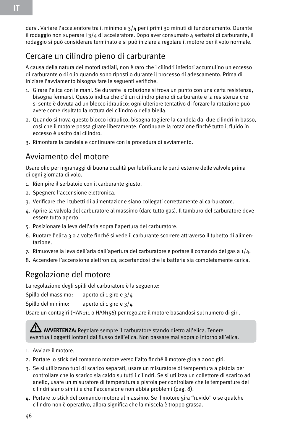 Cercare un cilindro pieno di carburante, Avviamento del motore, Regolazione del motore | Evolution Engines E7260 User Manual | Page 46 / 56