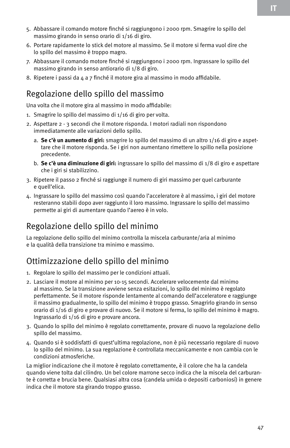 Regolazione dello spillo del massimo, Regolazione dello spillo del minimo, Ottimizzazione dello spillo del minimo | Evolution Engines E7260 User Manual | Page 47 / 56