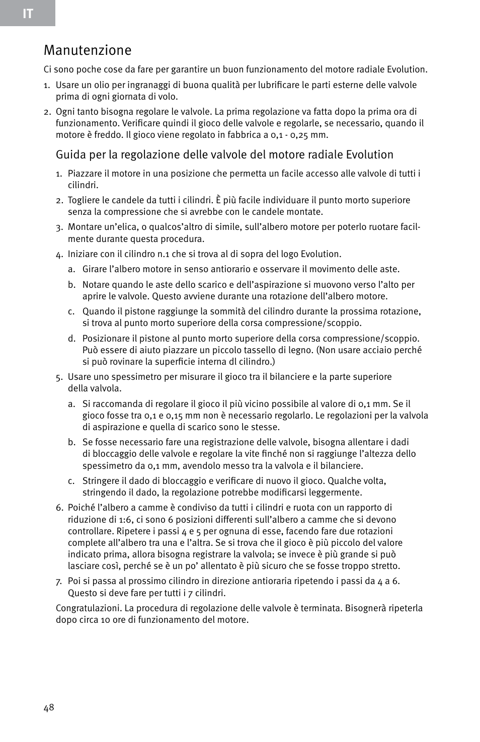 Manutenzione | Evolution Engines E7260 User Manual | Page 48 / 56
