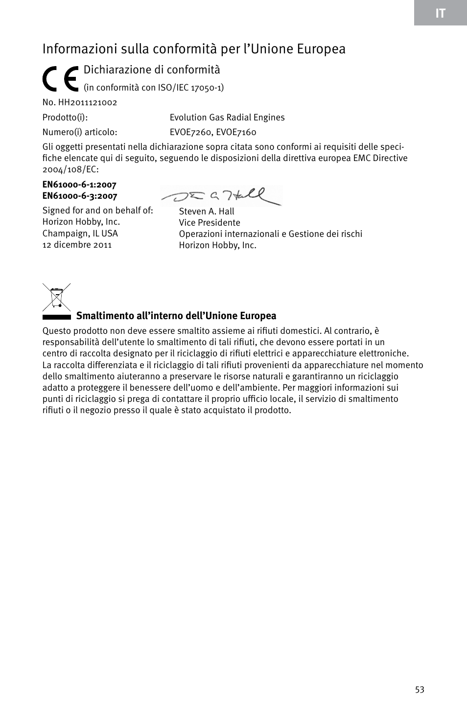 Informazioni sulla conformità per l’unione europea | Evolution Engines E7260 User Manual | Page 53 / 56